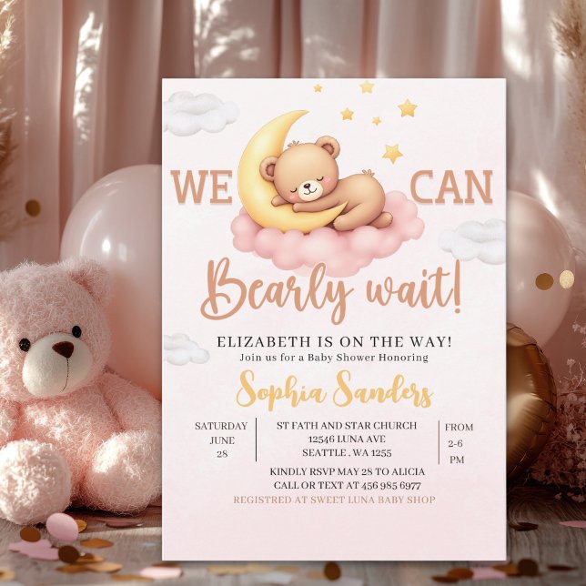 We Can Bearly Wait Baby Shower Pink Bear Invitation (Creator Uploaded)