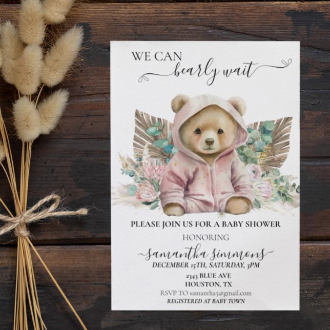 We Can Bearly Wait Baby Shower Pink Boho Bear  Invitation (Creator Uploaded)
