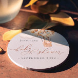 We Can Bearly Wait! Baby Shower Round Paper Coaste Round Paper Coaster<br><div class="desc">We Can Bearly Wait! :) This little bear is waiting for the big baby party, sitting in a hot air balloon. Whimsical watercolors and modern typography complement the design. Personalise this cute Bear Baby Shower item with your baby shower details easily and quickly, press the customise it button to further...</div>