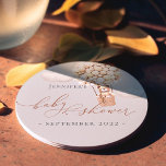 We Can Bearly Wait! Baby Shower Round Paper Coaster<br><div class="desc">We Can Bearly Wait! :) This little bear is waiting for the big baby party, sitting in a hot air balloon. Whimsical watercolors and modern typography complement the design. Personalise this cute Bear Baby Shower item with your baby shower details easily and quickly, press the customise it button to further...</div>