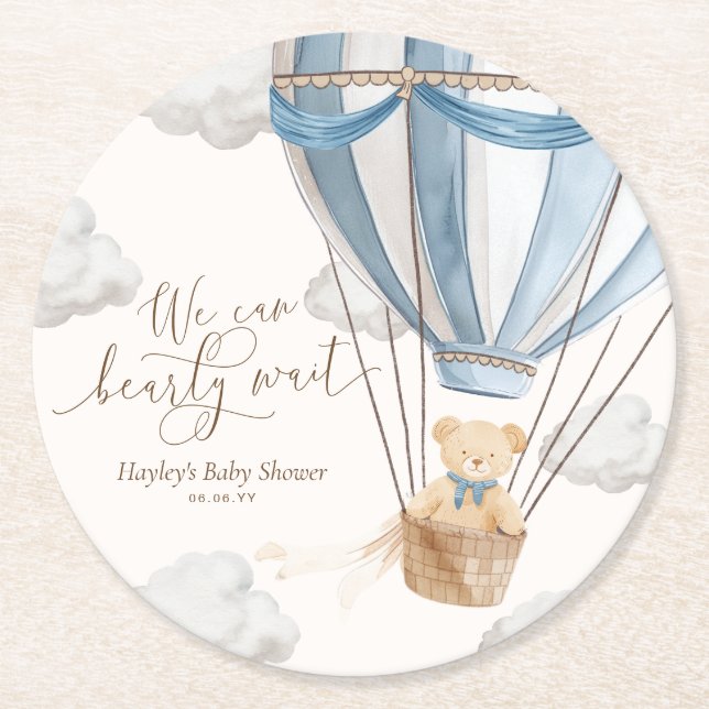 We Can Bearly Wait Baby Shower Round Paper Coaster (Front)