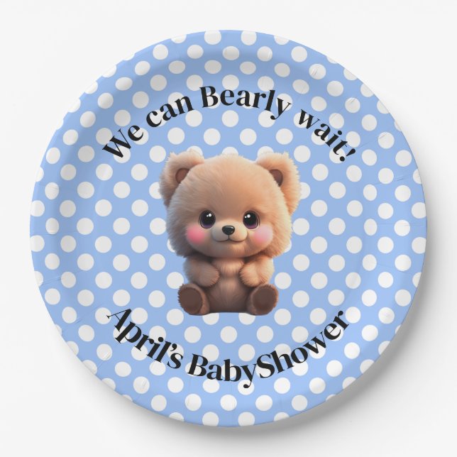 We can Bearly Wait Baby Shower teddy bear polkadot Paper Plate (Front)