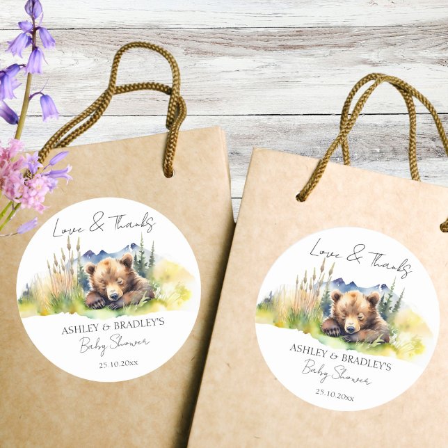 We can bearly wait baby shower thank you favours classic round sticker (We can bearly wait baby shower thank you favors stickers cute bear cub favor stickers woodlands)