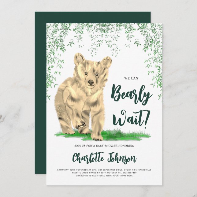 We Can Bearly Wait Baby Shower Woodland Bear Invitation (Front/Back)