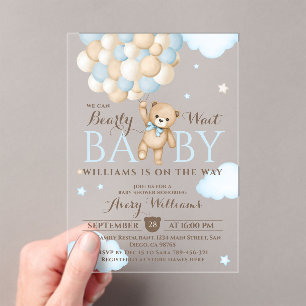 We Can Bearly Wait Balloon Bear Baby Boy Shower Acrylic Invitations
