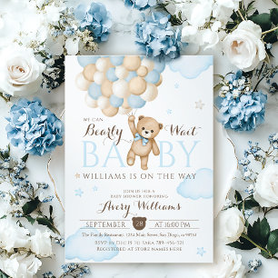We Can Bearly Wait Balloon Bear Baby Boy Shower  Invitation