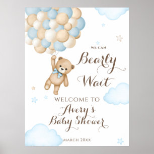 We Can Bearly Wait Balloon Bear Baby Boy Shower Poster