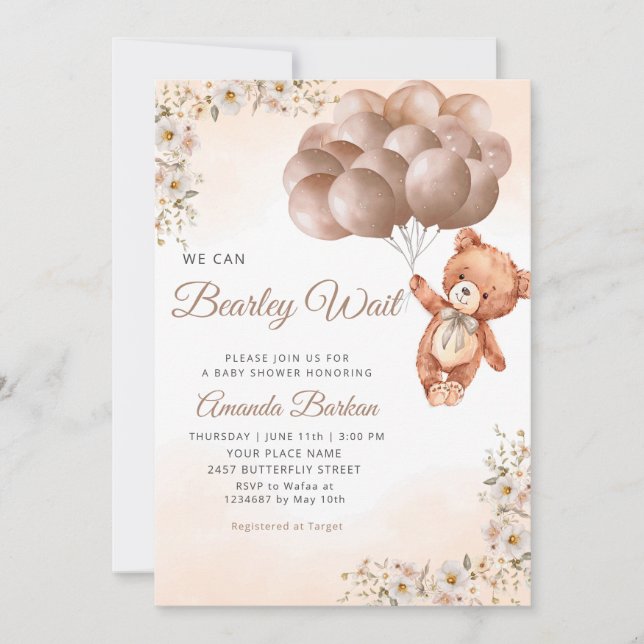 We can Bearly wait Balloons Floral Boy Baby Shower Invitation (Front)