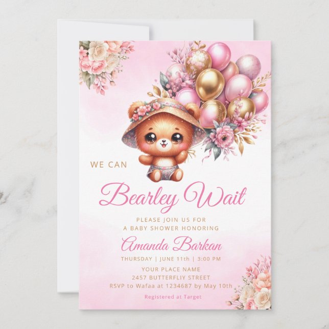 We Can Bearly Wait Balloons Teddy Bear Baby Shower Invitation (Front)