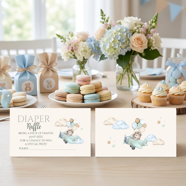 We Can Bearly Wait Bear Aeroplane Diaper Raffle Enclosure Card (Aviator Teddy Bear Baby Shower Diaper Raffle Card. Blue Boy Airplane Game. We Can Bearly Wait.)