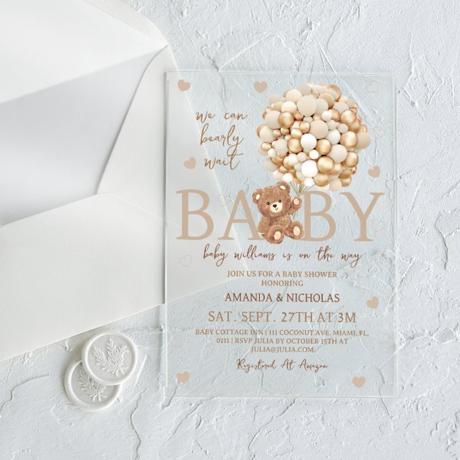 We Can Bearly Wait Bear Baby Shower Acrylic Invitations (Creator Uploaded)