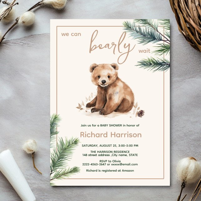 We can bearly wait bear baby shower invitation (Bearly wait cute watercolor forest baby shower invitation )