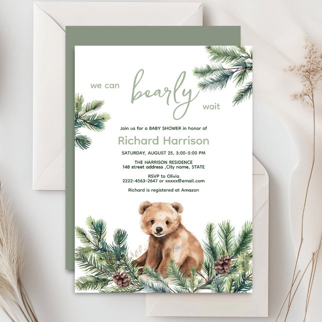 We can bearly wait bear baby shower invitation (Bearly wait cute watercolor forest baby shower invitation )