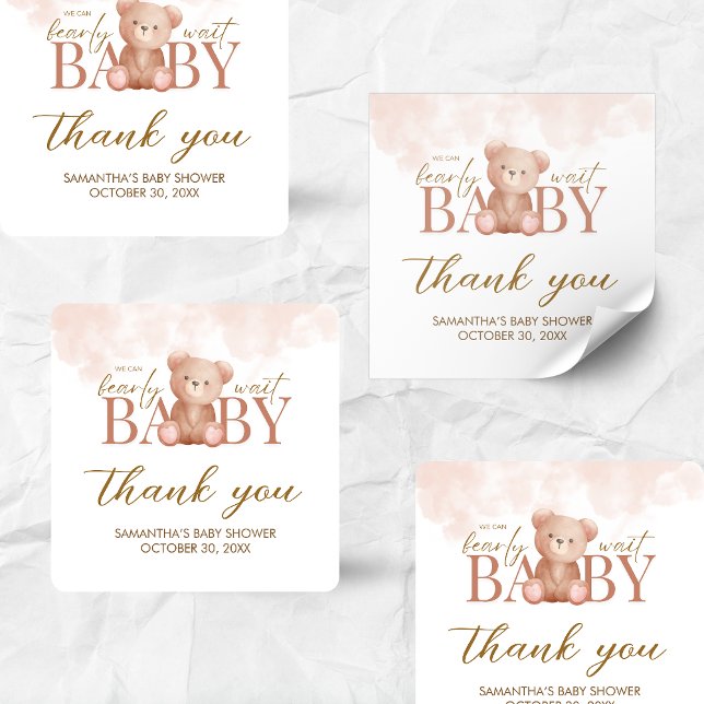 We Can Bearly Wait Bear Baby Shower Square Sticker (Teddy Bear Baby Shower Sticker)