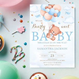 We Can Bearly Wait Bear Balloon Baby Shower Invitation