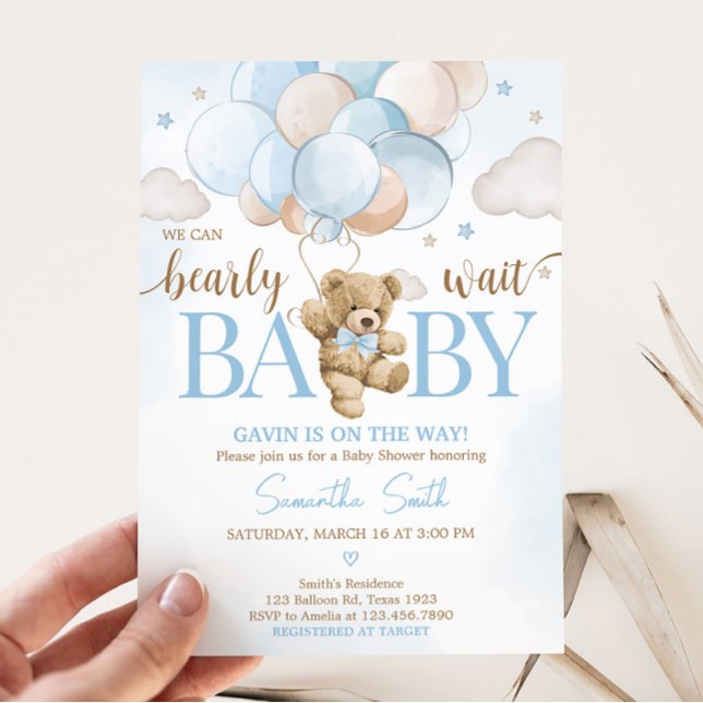 We Can Bearly Wait Bear Balloon Baby Shower Invitation (Teddy Bear Balloon Baby Shower Invitation)