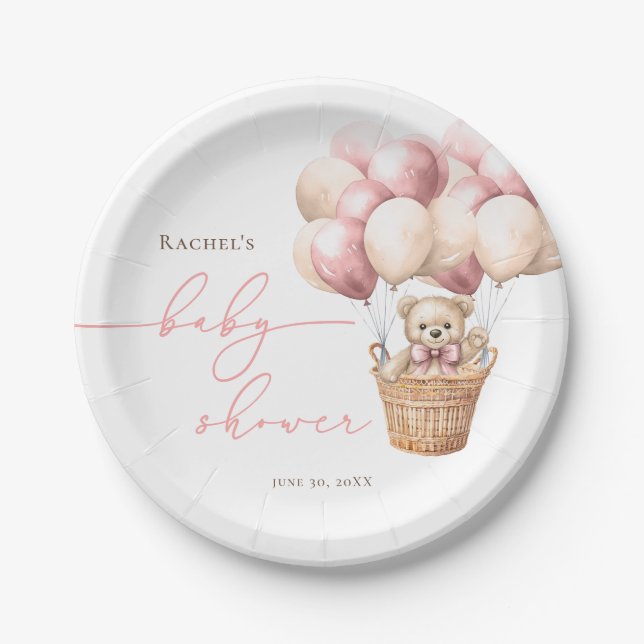 We Can Bearly Wait | Bear Balloon Pink Baby Shower Paper Plate (Front)