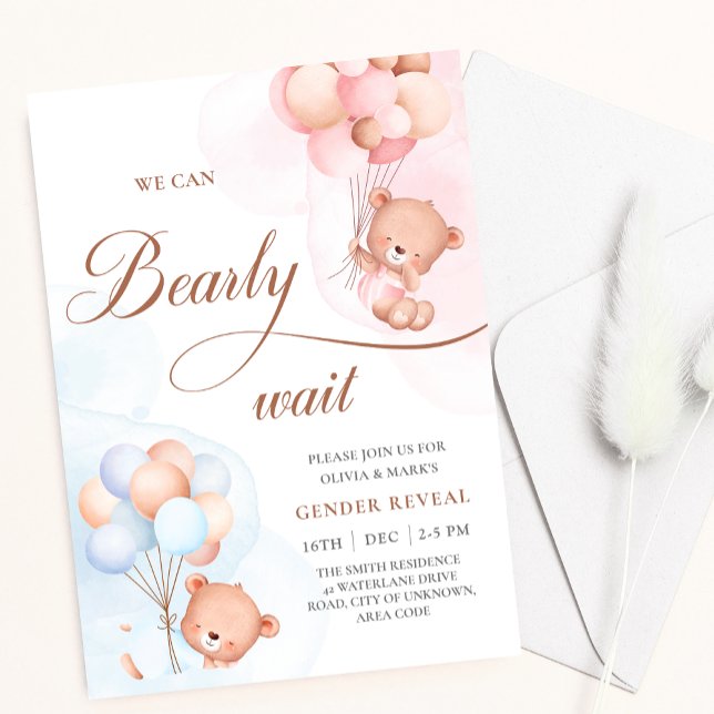 We Can Bearly Wait Bear Balloons Gender Reveal Invitation (Creator Uploaded)