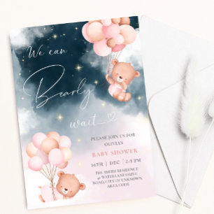We Can Bearly Wait Bear Balloons Girl Baby Shower Invitation