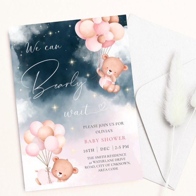 We Can Bearly Wait Bear Balloons Girl Baby Shower Invitation (Creator Uploaded)