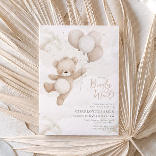 We can Bearly Wait! Bear Beige Balloon Baby Shower Invitation