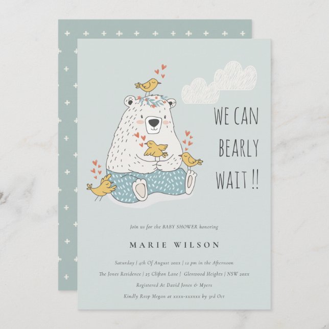 We Can Bearly Wait Bear Birds Baby Shower Invite (Front/Back)