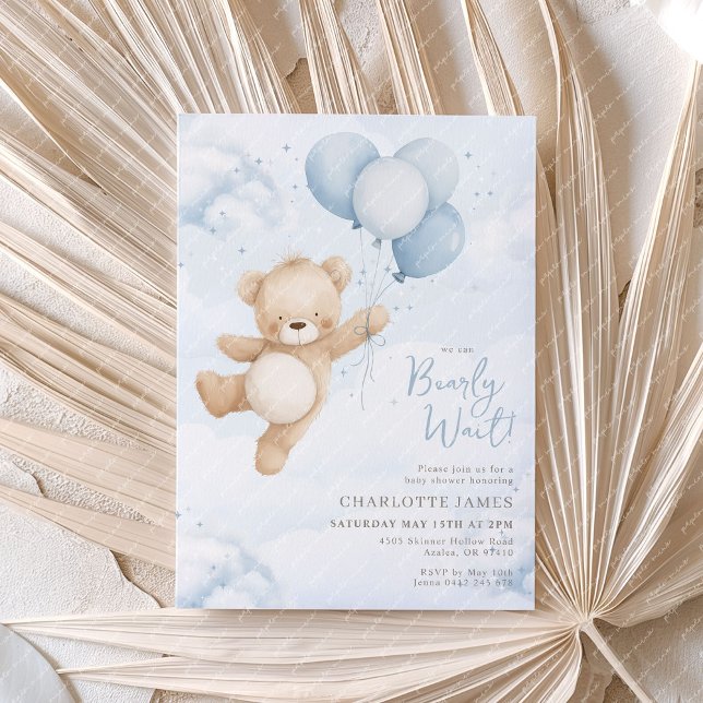 We can Bearly Wait! Bear Blue Balloon Baby Shower Invitation (We can Bearly Wait! Baby Shower invitation with bear and blue balloons)