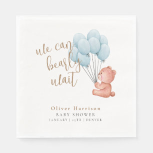 We Can Bearly Wait Bear Blue Balloon Baby Shower Napkin