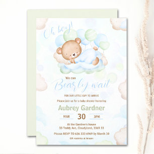 We Can Bearly Wait Bear Blue Green Boy Baby Shower Invitation