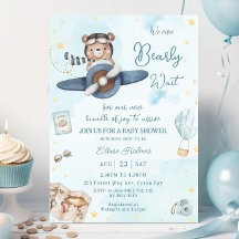 We Can Bearly Wait Bear Blue Plane Boy Baby Shower