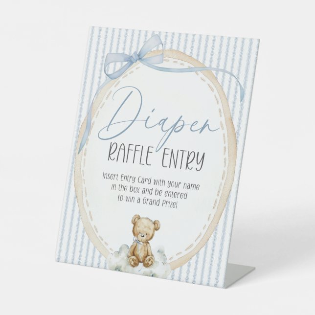 We Can Bearly Wait Bear Diaper Raffle Baby Shower Pedestal Sign (Front)