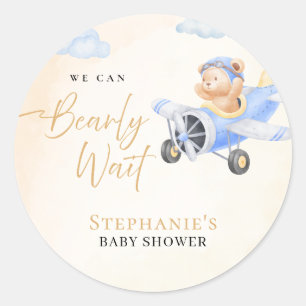 We Can Bearly Wait, Bear in Plane Baby Shower  Classic Round Sticker