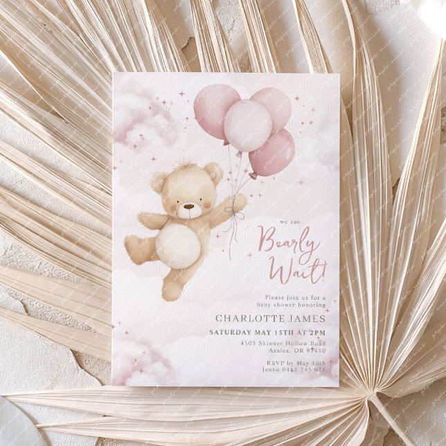 We can Bearly Wait! Bear Pink Balloon Baby Shower Invitation (We can Bearly Wait! Baby Shower invitation with bear and pink balloons)