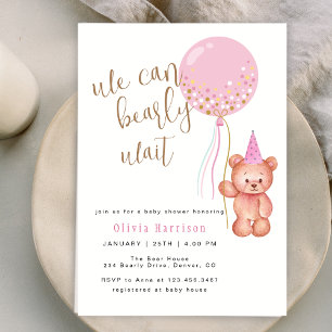We Can Bearly Wait Bear Pink Balloon Baby Shower Invitation