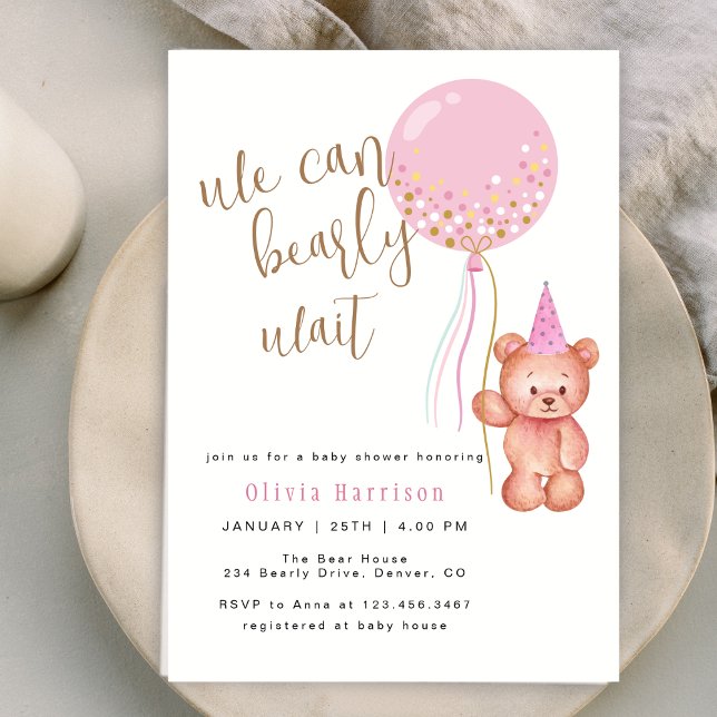 We Can Bearly Wait | Bear Pink Balloon Baby Shower Invitation (We Can Bearly Wait | Bear Pink Balloon Baby Shower Invitation)