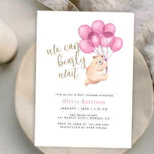 We Can Bearly Wait Bear Pink Balloon Baby Shower Invitation