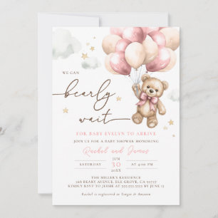 We Can Bearly Wait Bear Pink Balloon Baby Shower Invitation