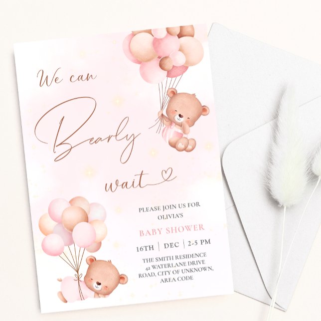 We Can Bearly Wait Bear Pink Balloons Baby Shower Invitation (Creator Uploaded)