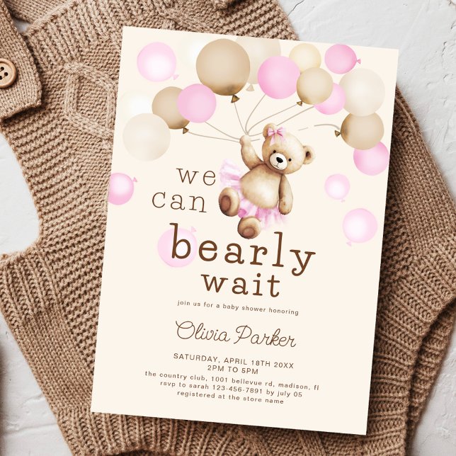 We Can Bearly Wait Bear Theme Girl Baby Shower Invitation (Creator Uploaded)