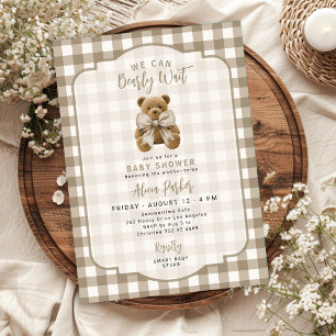 We can bearly wait biege gingham baby shower invitation