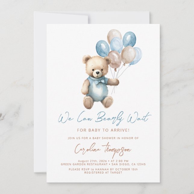 We Can Bearly Wait Blue Baby Shower  Invitation (Front)