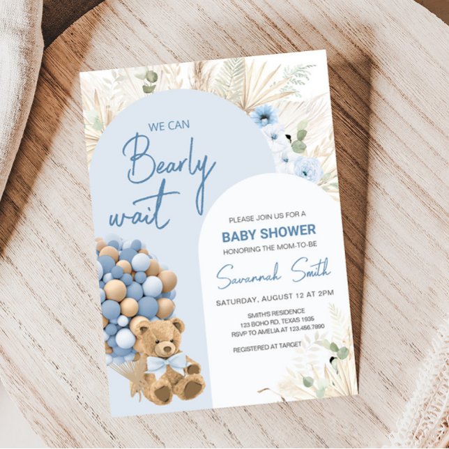 We Can Bearly Wait Blue Baby Shower Invitation (Boho Blue Bear Baby Shower Invitation)