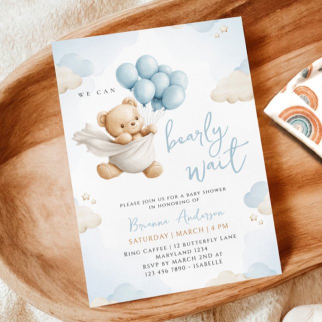 We Can Bearly Wait Blue Baby Shower Invitation (Creator Uploaded)