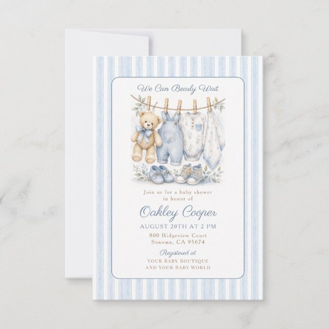 We Can Bearly Wait Blue Baby Shower Invitation (Front)