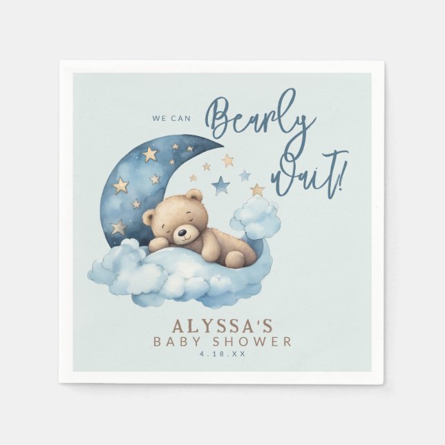 We Can Bearly Wait Blue Baby Shower Napkin (Front)