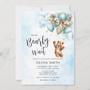 We Can Bearly Wait Blue Balloon Bear Baby Shower  Invitation