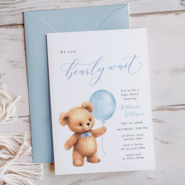 We Can Bearly Wait Blue Balloon Boy Baby Shower Invitation (Creator Uploaded)
