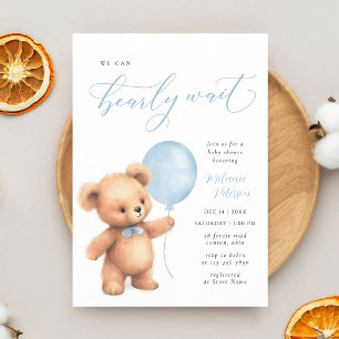 We Can Bearly Wait Blue Balloon Boy Invitation