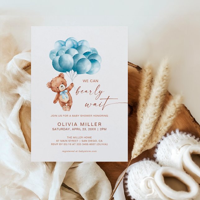 We Can Bearly Wait Blue Bear Balloon Baby Shower Invitation (Creator Uploaded)