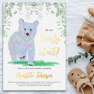 We Can Bearly Wait Blue Bear Woodland Floral Gold